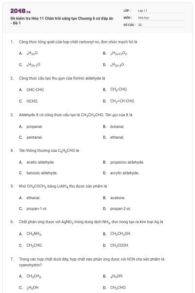 Đề kiểm tra Hóa 11 Chân trời sáng tạo Chương 6 có đáp án - Đề 1