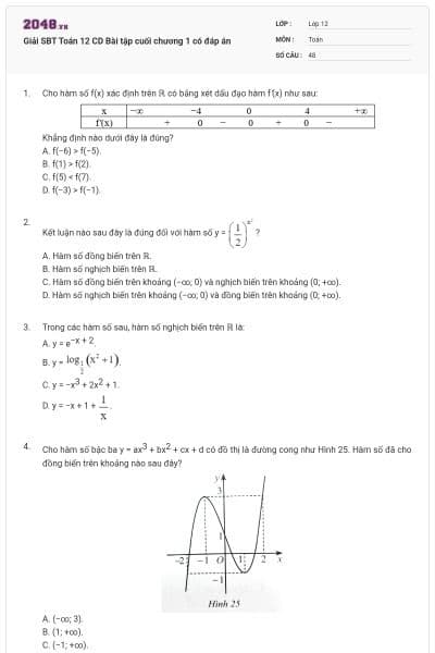 Giải SBT Toán 12 CD Bài tập cuối chương 1 có đáp án