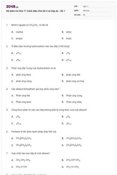 Đề kiểm tra Hóa 11 Cánh diều Chủ đề 4 có đáp án - Đề 1