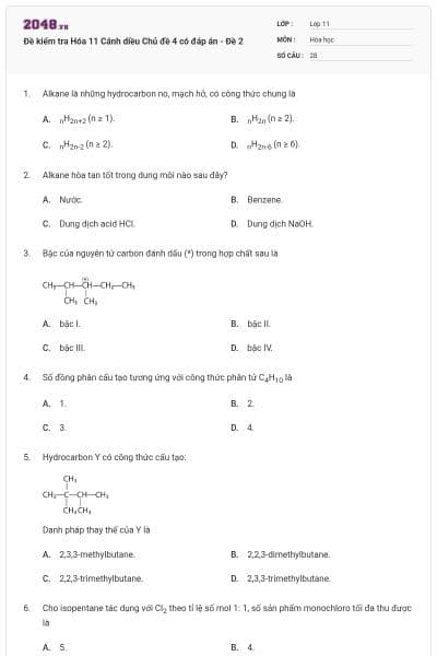 Đề kiểm tra Hóa 11 Cánh diều Chủ đề 4 có đáp án - Đề 2