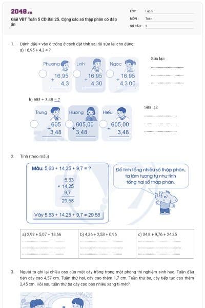 Giải VBT Toán 5 CD Bài 25. Cộng các số thập phân có đáp án