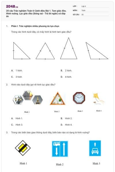 20 câu Trắc nghiệm Toán 6 Cánh diều Bài 1. Tam giác đều. Hình vuông. Lục giác đều (Đúng sai - Trả lời ngắn) có đáp án