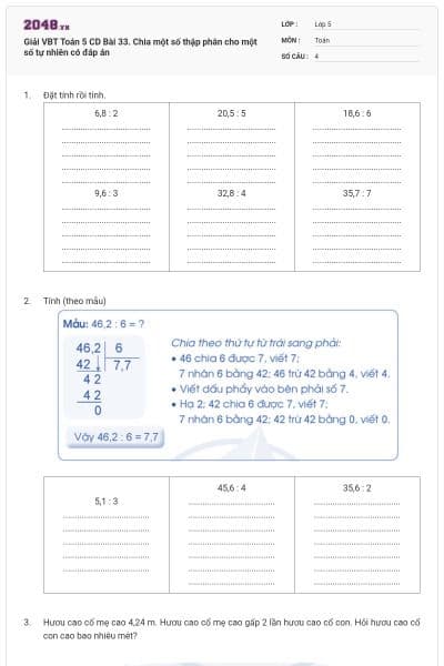 Giải VBT Toán 5 CD Bài 33. Chia một số thập phân cho một số tự nhiên có đáp án