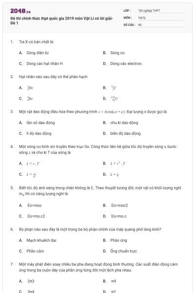 Đề thi chính thức thpt quốc gia 2019 môn Vật Lí có lời giải- Đề 1
