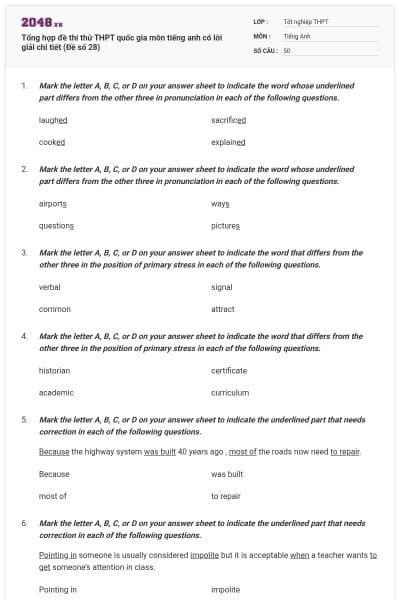 Tổng hợp đề thi thử THPT quốc gia môn tiếng anh có lời giải chi tiết (Đề số 28)