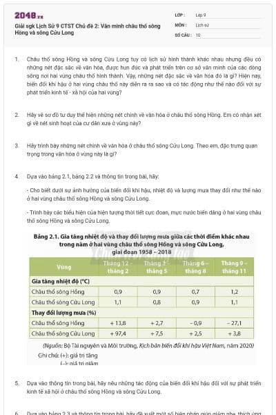 Giải sgk Lịch Sử 9 CTST Chủ đề 2: Văn minh châu thổ sông Hồng và sông Cửu Long