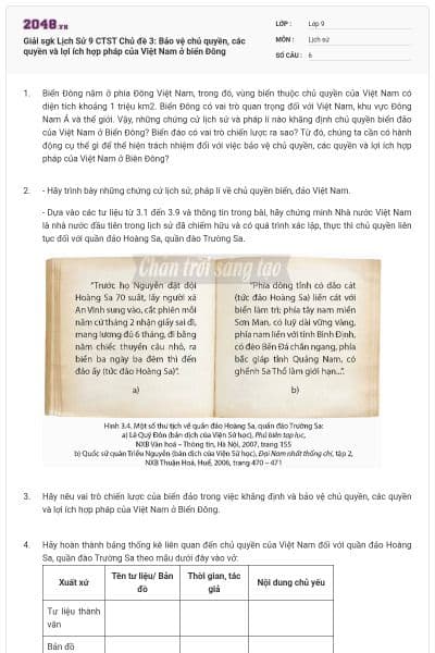 Giải sgk Lịch Sử 9 CTST Chủ đề 3: Bảo vệ chủ quyền, các quyền và lợi ích hợp pháp của Việt Nam ở biển Đông