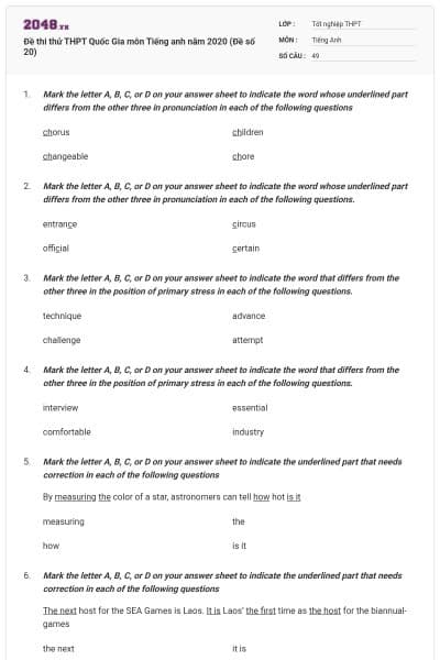 Đề thi thử THPT Quốc Gia môn Tiếng anh năm 2020 (Đề số 20)