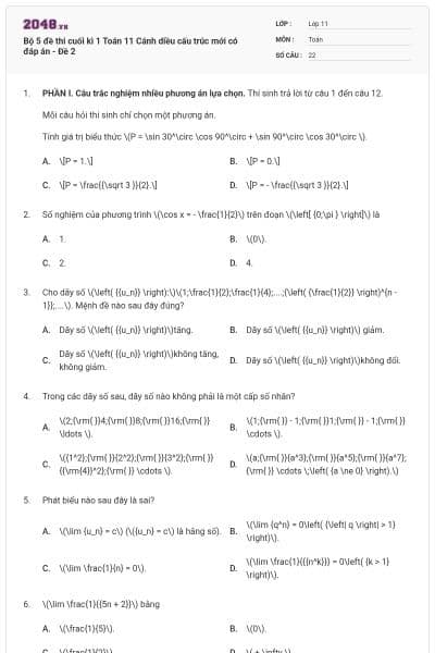 Bộ 5 đề thi cuối kì 1 Toán 11 Cánh diều cấu trúc mới có đáp án - Đề 2