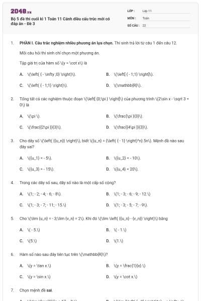 Bộ 5 đề thi cuối kì 1 Toán 11 Cánh diều cấu trúc mới có đáp án - Đề 3