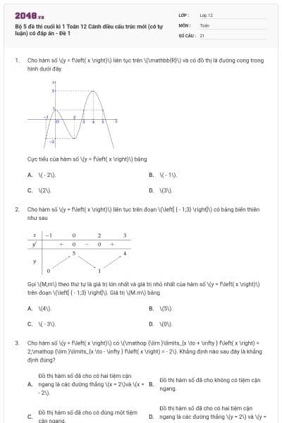 Bộ 5 đề thi cuối kì 1 Toán 12 Cánh diều cấu trúc mới (có tự luận) có đáp án - Đề 1