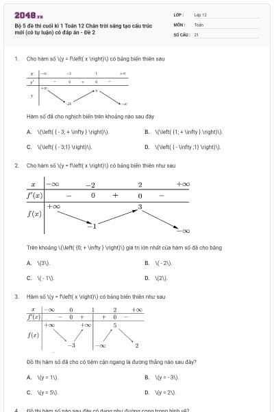 Bộ 5 đề thi cuối kì 1 Toán 12 Chân trời sáng tạo cấu trúc mới (có tự luận) có đáp án - Đề 2