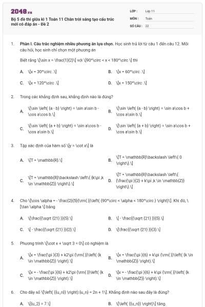 Bộ 5 đề thi giữa kì 1 Toán 11 Chân trời sáng tạo cấu trúc mới có đáp án - Đề 2
