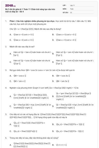 Bộ 5 đề thi giữa kì 1 Toán 11 Chân trời sáng tạo cấu trúc mới có đáp án - Đề 4