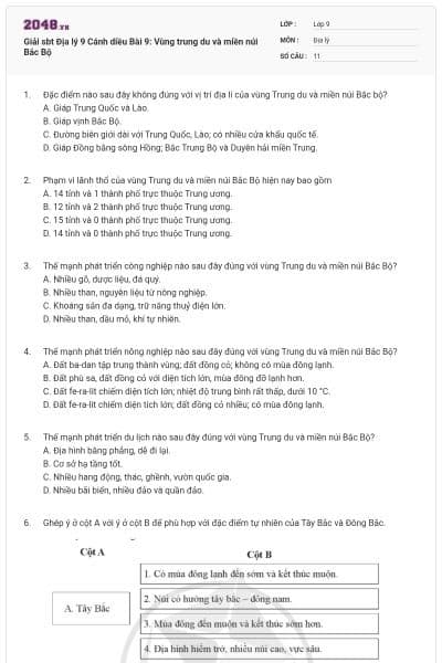 Giải sbt Địa lý 9 Cánh diều Bài 9: Vùng trung du và miền núi Bắc Bộ