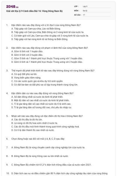 Giải sbt Địa lý 9 Cánh diều Bài 16: Vùng Đông Nam Bộ