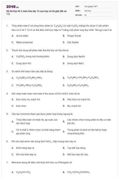 Đề thi Học Kì 2 môn hóa lớp 12 cực hay có lời giải (Đề số 11)