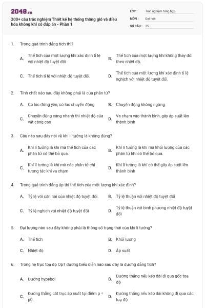 300+ câu trắc nghiệm Thiết kế hệ thống thông gió và điều hòa không khí có đáp án - Phần 1
