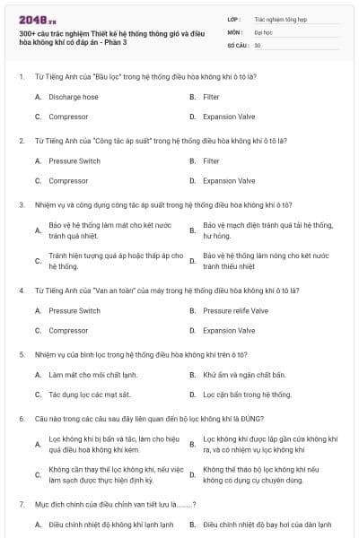 300+ câu trắc nghiệm Thiết kế hệ thống thông gió và điều hòa không khí có đáp án - Phần 3