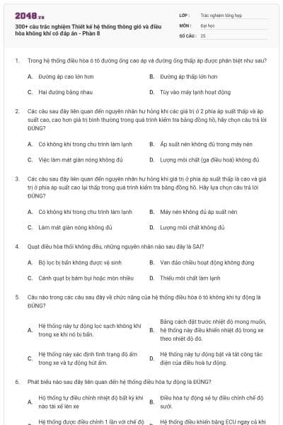 300+ câu trắc nghiệm Thiết kế hệ thống thông gió và điều hòa không khí có đáp án - Phần 8