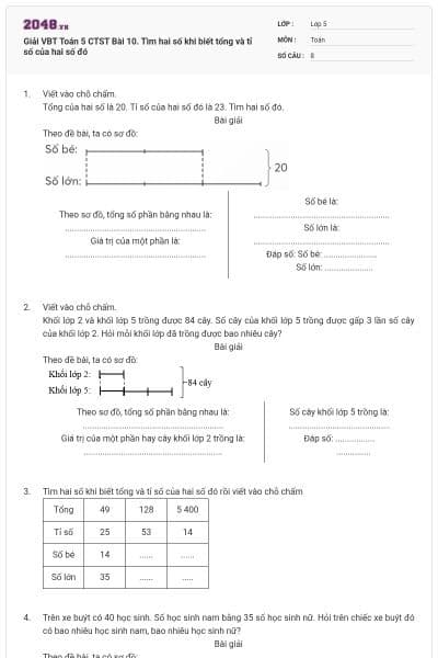 Giải VBT Toán 5 CTST Bài 10. Tìm hai số khi biết tổng và tỉ số của hai số đó