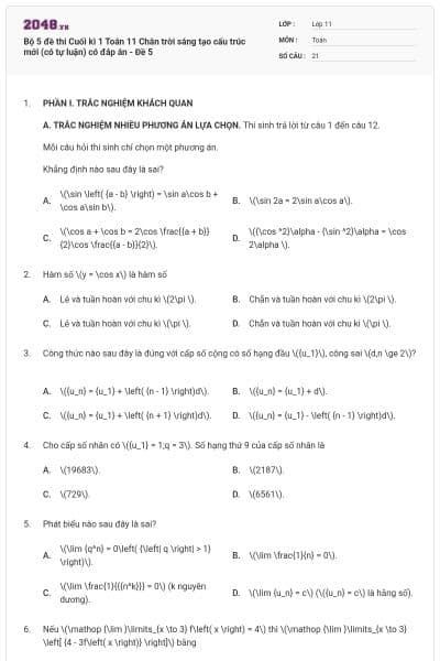 Bộ 5 đề thi Cuối kì 1 Toán 11 Chân trời sáng tạo cấu trúc mới (có tự luận) có đáp án - Đề 5
