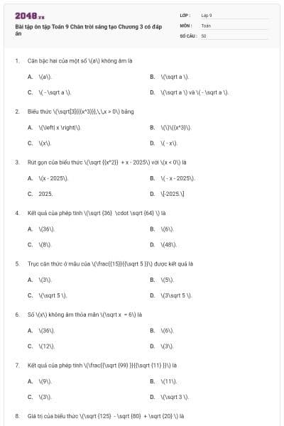 Bài tập ôn tập Toán 9 Chân trời sáng tạo Chương 3 có đáp án