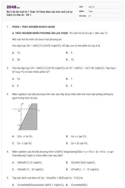 Bộ 5 đề thi Cuối kì 1 Toán 10 Cánh diều cấu trúc mới (có tự luận) có đáp án - Đề 1