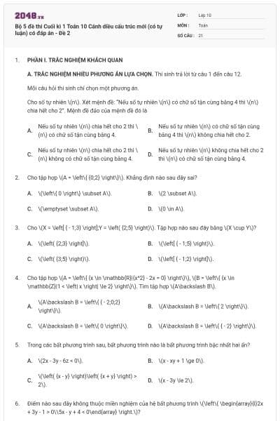 Bộ 5 đề thi Cuối kì 1 Toán 10 Cánh diều cấu trúc mới (có tự luận) có đáp án - Đề 2