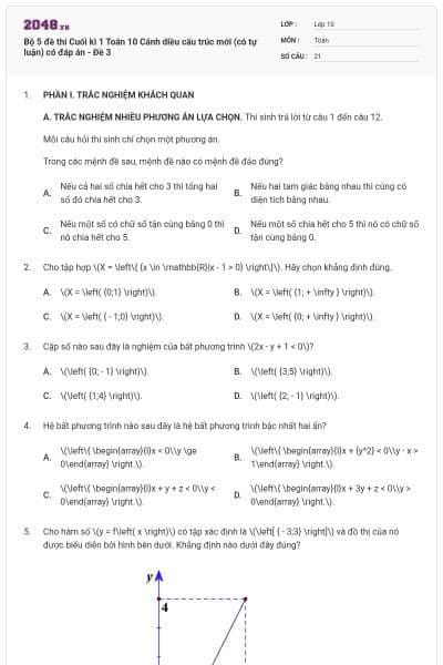 Bộ 5 đề thi Cuối kì 1 Toán 10 Cánh diều cấu trúc mới (có tự luận) có đáp án - Đề 3