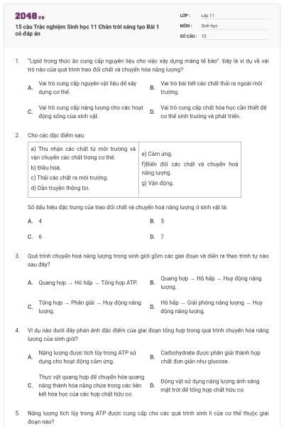 15 câu Trắc nghiệm Sinh học 11 Chân trời sáng tạo Bài 1 có đáp án