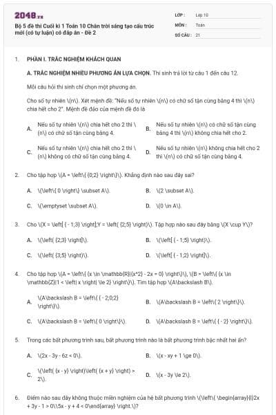 Bộ 5 đề thi Cuối kì 1 Toán 10 Chân trời sáng tạo cấu trúc mới (có tự luận) có đáp án - Đề 2