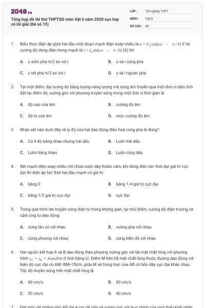 Tổng hợp đề thi thử THPTQG môn Vật lí năm 2020 cực hay có lời giải (Đề số 15)