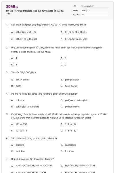 Ôn tập THPTGQ môn Hóa Học cực hay có đáp án (Đề số 15)