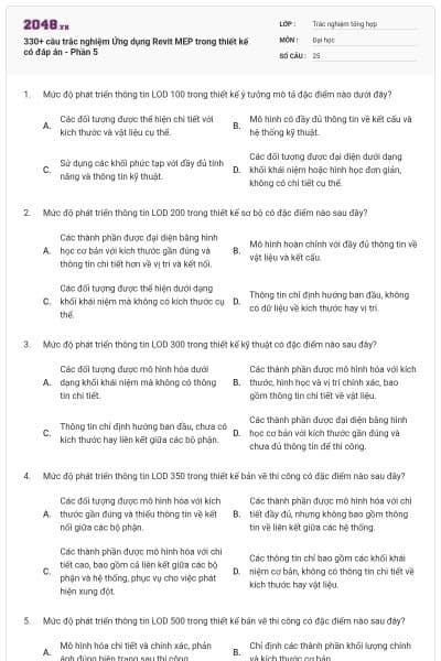 330+ câu trắc nghiệm Ứng dụng Revit MEP trong thiết kế có đáp án - Phần 5