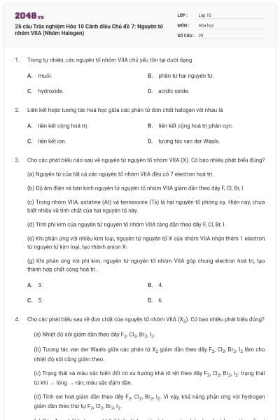 26 câu Trắc nghiệm Hóa 10 Cánh diều Chủ đề 7: Nguyên tố nhóm VIIA (Nhóm Halogen)