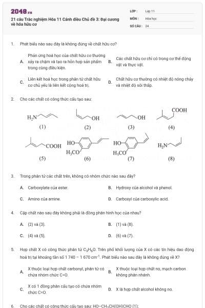 21 câu Trắc nghiệm Hóa 11 Cánh diều Chủ đề 3: Đại cương về hóa hữu cơ