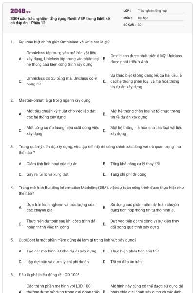 330+ câu trắc nghiệm Ứng dụng Revit MEP trong thiết kế có đáp án - Phần 12