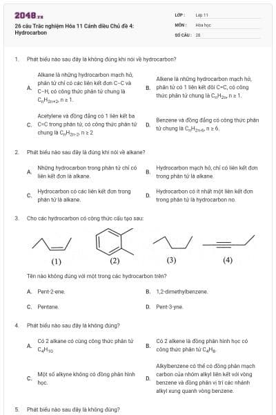 26 câu Trắc nghiệm Hóa 11 Cánh diều Chủ đề 4: Hydrocarbon