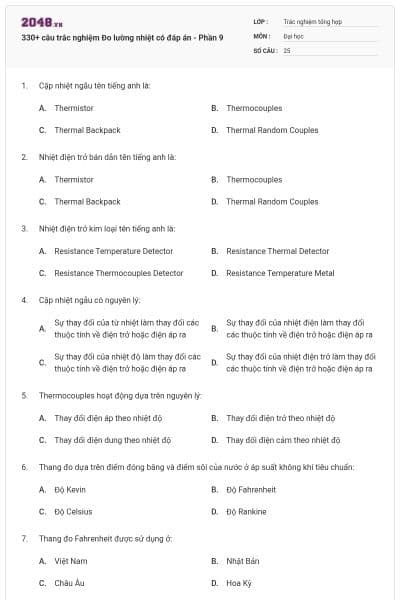 330+ câu trắc nghiệm Đo lường nhiệt có đáp án - Phần 9
