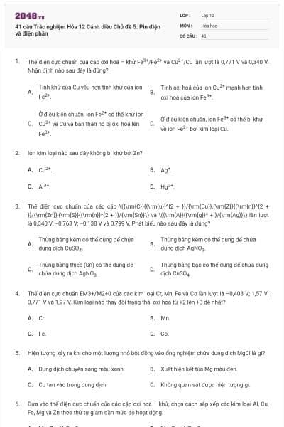 41 câu Trắc nghiệm Hóa 12 Cánh diều Chủ đề 5: Pin điện và điện phân