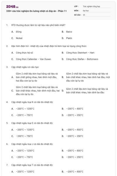 330+ câu trắc nghiệm Đo lường nhiệt có đáp án - Phần 11