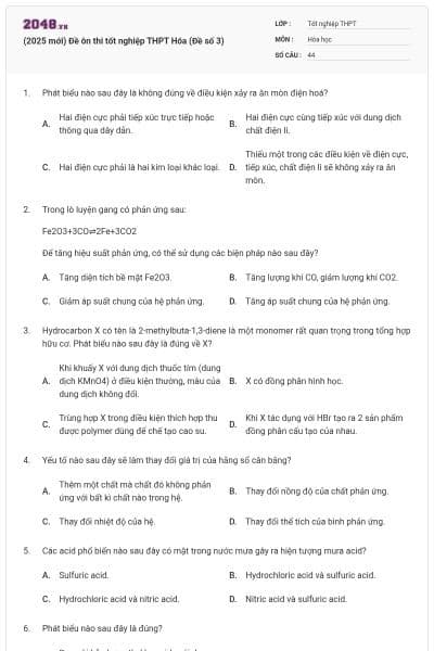 (2025 mới) Đề ôn thi tốt nghiệp THPT Hóa (Đề số 3)