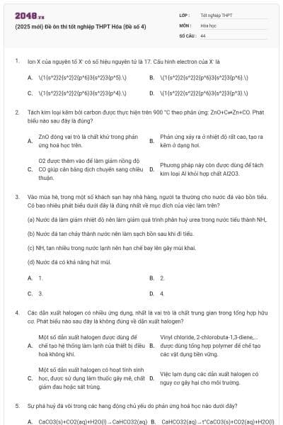 (2025 mới) Đề ôn thi tốt nghiệp THPT Hóa (Đề số 4)
