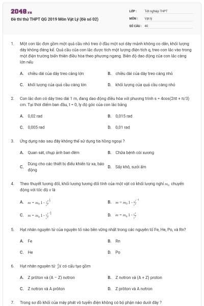 Đề thi thử THPT QG 2019 Môn Vật Lý (Đề số 02)