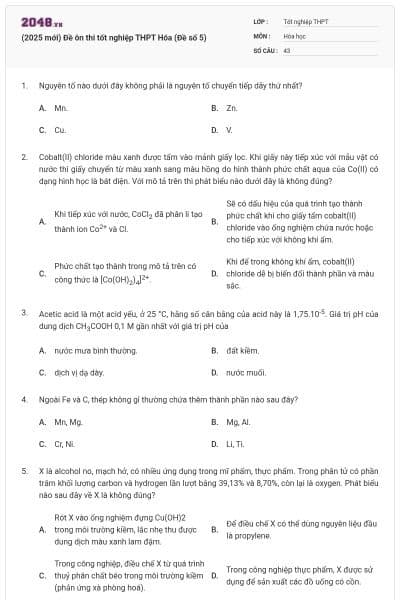 (2025 mới) Đề ôn thi tốt nghiệp THPT Hóa (Đề số 5)
