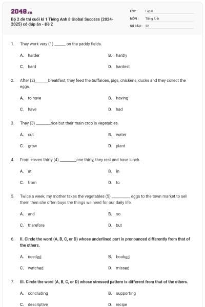 Bộ 2 đề thi cuối kì 1 Tiếng Anh 8 Global Success (2024-2025) có đáp án - Đề 2