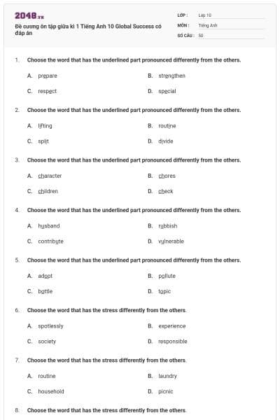Đề cương ôn tập giữa kì 1 Tiếng Anh 10 Global Success có đáp án