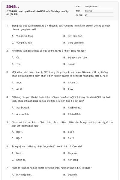 (2024) Đề minh họa tham khảo BGD môn Sinh học có đáp án (Đề 23)