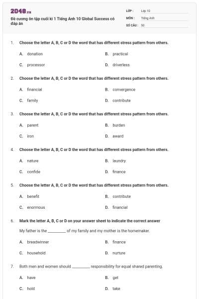 Đề cương ôn tập cuối kì 1 Tiếng Anh 10 Global Success có đáp án